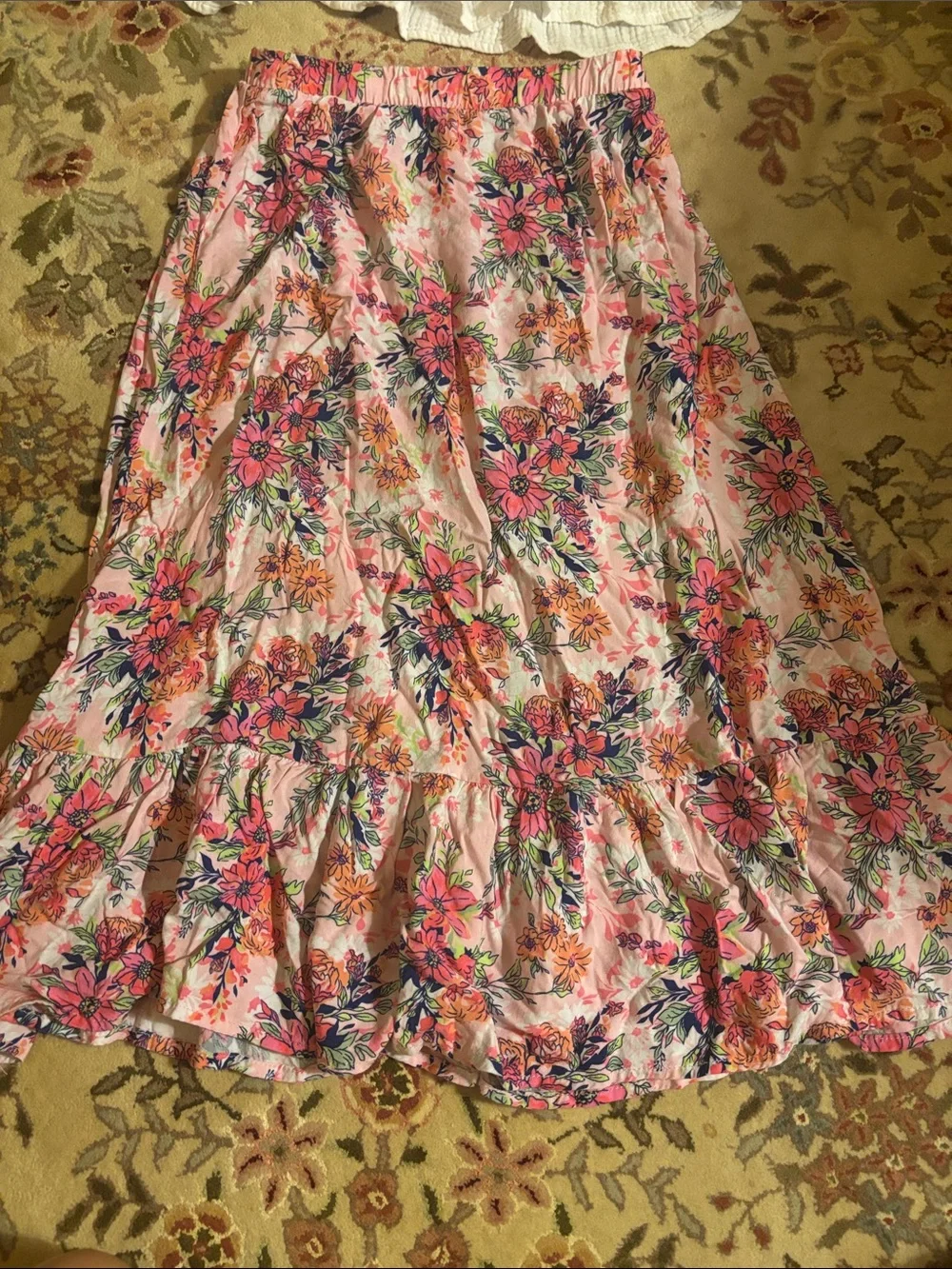 Floral Pink Tiered Maxi Skirt and White Tank Set- Lightweight Summer Style